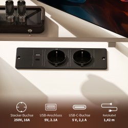 L-muotoinen työpöytä kotitoimistoon, lastulevy ja metallirunko, näyttötaso ja hyllyt, latausasema, valkoinen