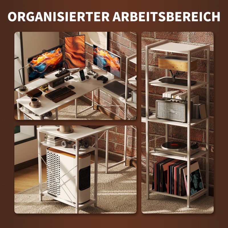 L-muotoinen työpöytä kotitoimistoon, lastulevy ja metallirunko, näyttötaso ja hyllyt, latausasema, valkoinen