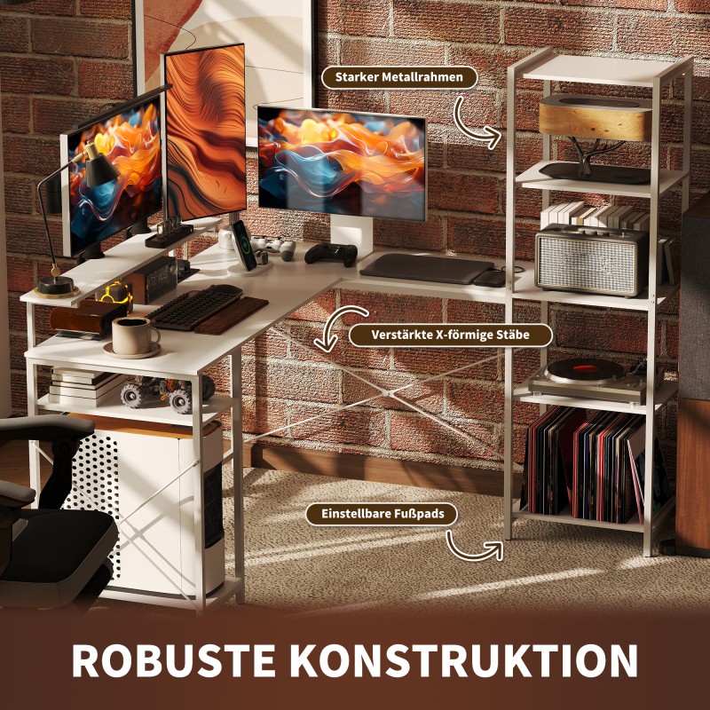 L-muotoinen työpöytä kotitoimistoon, lastulevy ja metallirunko, näyttötaso ja hyllyt, latausasema, valkoinen