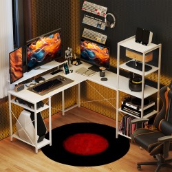 L-muotoinen työpöytä kotitoimistoon, lastulevy ja metallirunko, näyttötaso ja hyllyt, latausasema, valkoinen