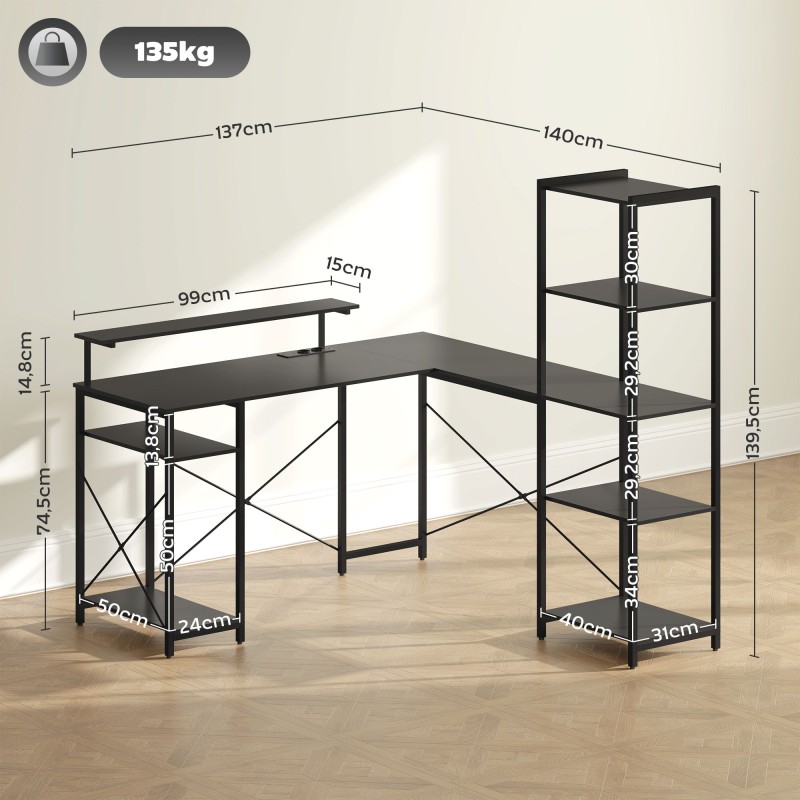 L-muotoinen kulmatyöpöytä latausasemalla, näyttötasolla ja hyllyillä, lastulevy/metalli, musta