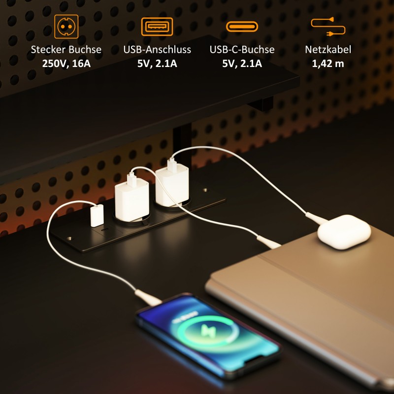 L-muotoinen kulmatyöpöytä latausasemalla, näyttötasolla ja hyllyillä, lastulevy/metalli, musta