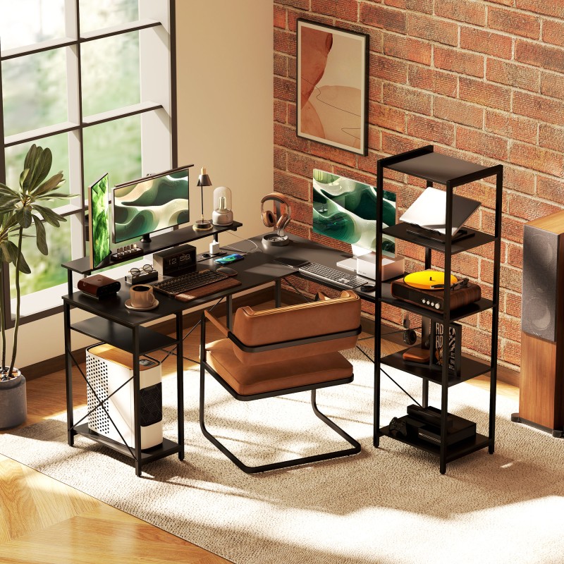 L-muotoinen kulmatyöpöytä latausasemalla, näyttötasolla ja hyllyillä, lastulevy/metalli, musta