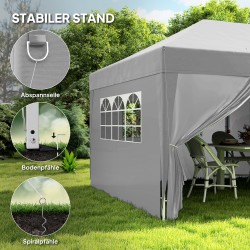 Kokoontaitettava puutarhateltta 6 x 3 m, teräsrunko, UV-suoja, sivuseinät ja ikkunat, harmaa