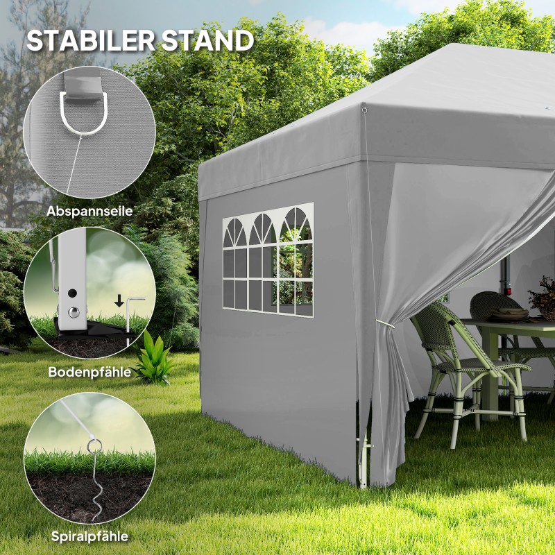 Kokoontaitettava puutarhateltta 6 x 3 m, teräsrunko, UV-suoja, sivuseinät ja ikkunat, harmaa