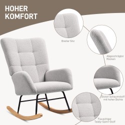 Keinutuoli teddykankaalla, paksu pehmuste, metalli- ja kumipuurunko, vaaleanharmaa