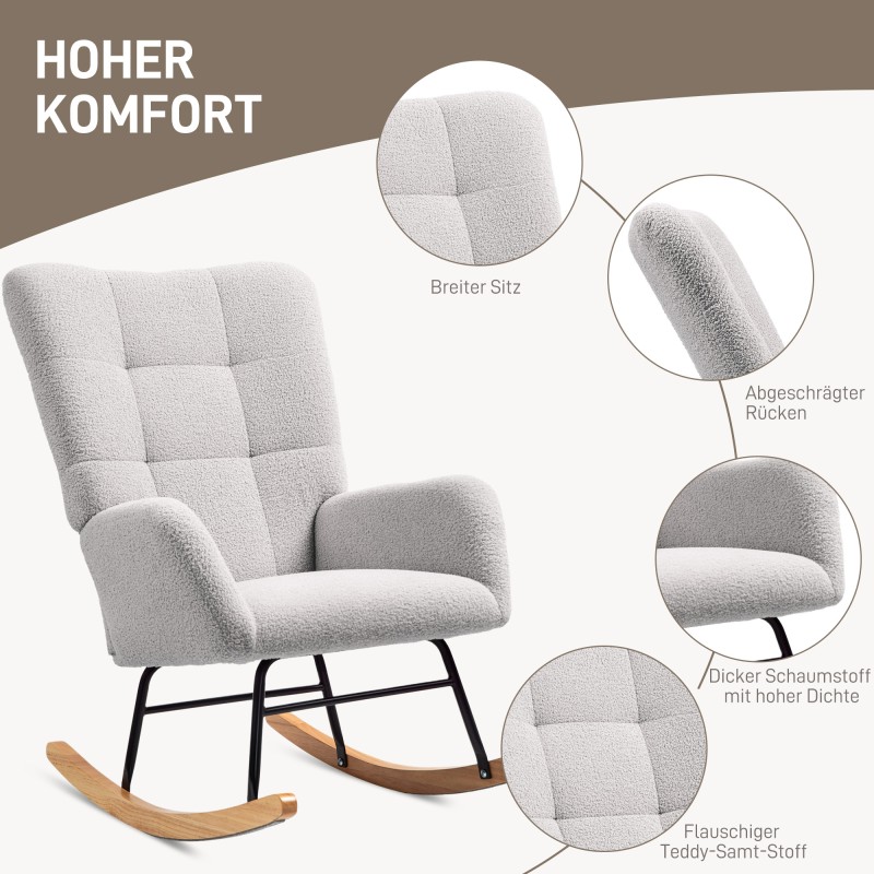 Keinutuoli teddykankaalla, paksu pehmuste, metalli- ja kumipuurunko, vaaleanharmaa