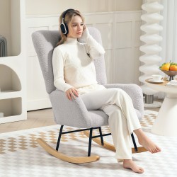 Keinutuoli teddykankaalla, paksu pehmuste, metalli- ja kumipuurunko, vaaleanharmaa