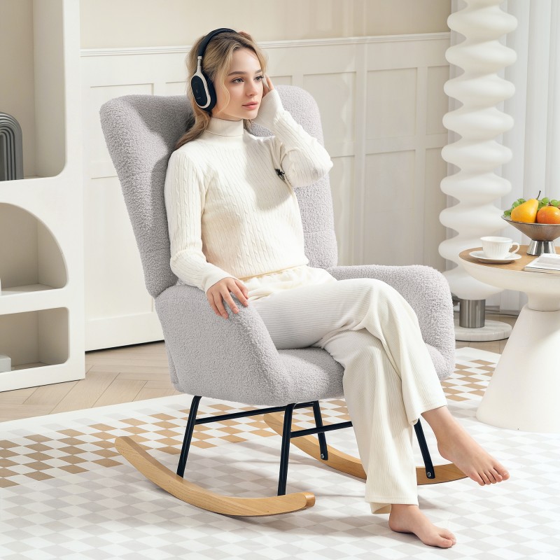 Keinutuoli teddykankaalla, paksu pehmuste, metalli- ja kumipuurunko, vaaleanharmaa