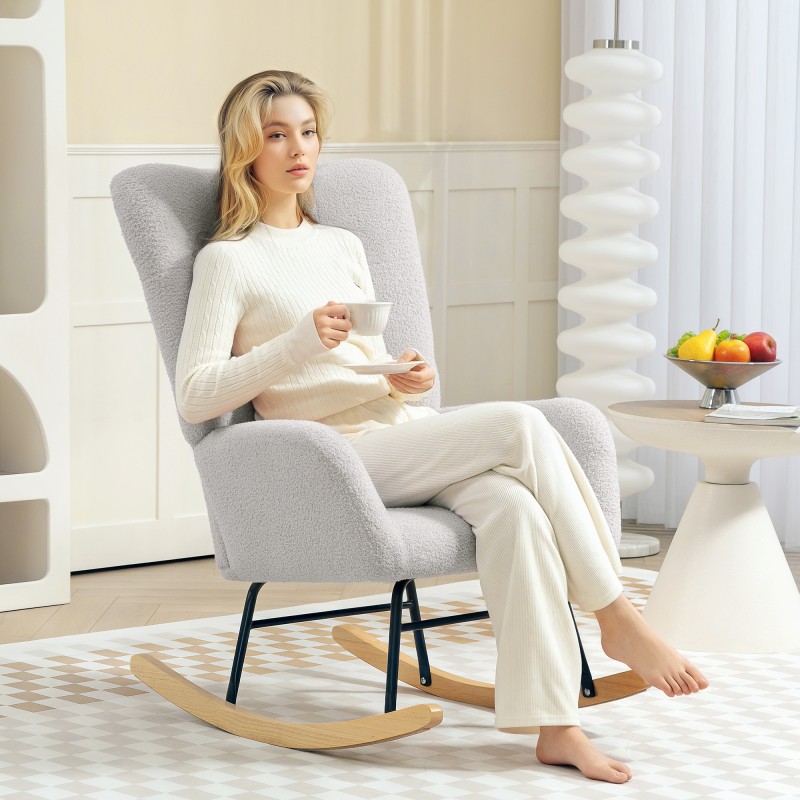 Keinutuoli teddykankaalla, paksu pehmuste, metalli- ja kumipuurunko, vaaleanharmaa