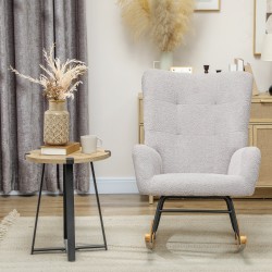 Keinutuoli teddykankaalla, paksu pehmuste, metalli- ja kumipuurunko, vaaleanharmaa