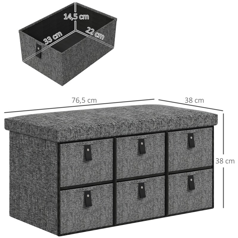 Pehmustettu kenkäpenkki eteiseen, 6 kenkälokeroa, MDF-runko, 76,5 x 38 x 38 cm, tummanharmaa
