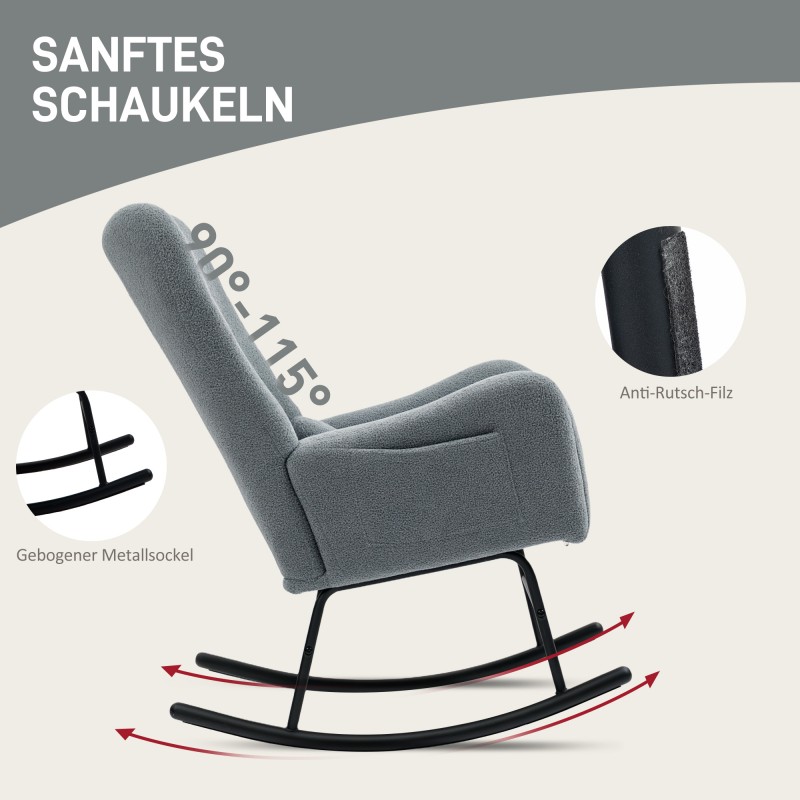 Keinutuoli aikuisille teddykankaalla, metallirunko, max 120 kg, harmaa