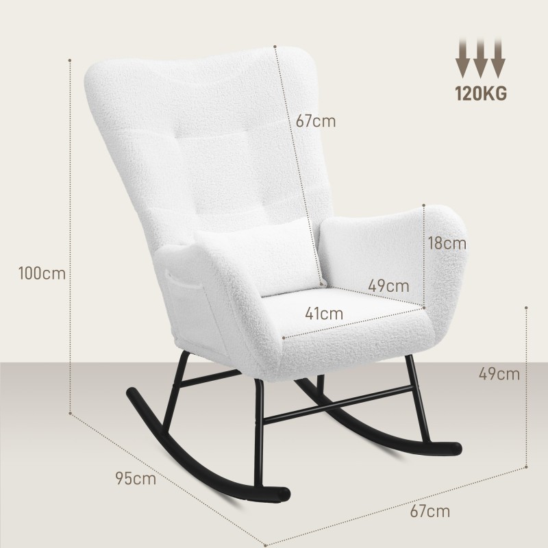 Keinutuoli aikuisille, teddykangas, metallirunko, enimmäiskuormitus 120 kg, valkoinen
