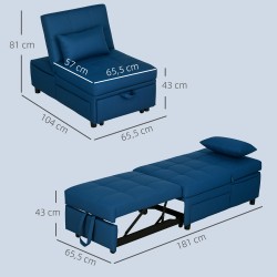 3-in-1 taitettava lepotuoli ja vuodesohva sivutaskuilla, pyörillä ja tyynyllä, sininen
