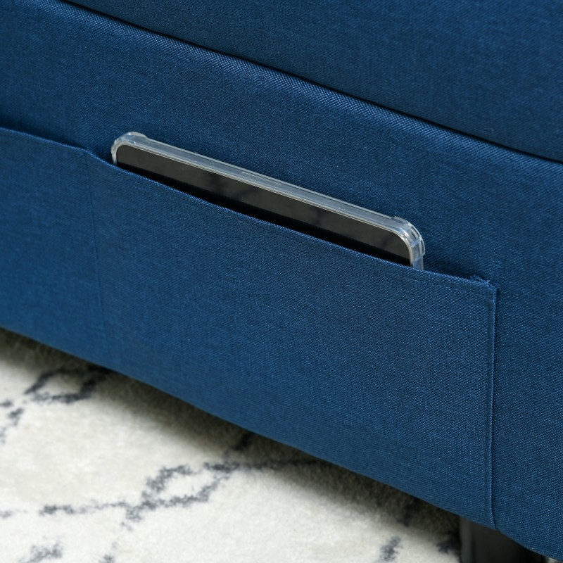 3-in-1 taitettava lepotuoli ja vuodesohva sivutaskuilla, pyörillä ja tyynyllä, sininen