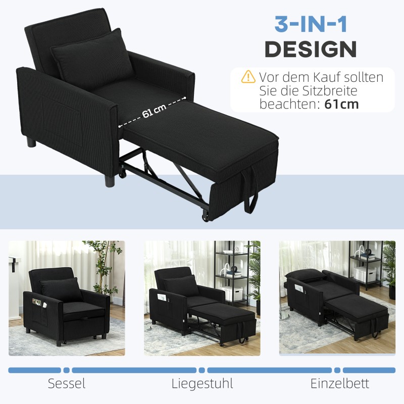 Lepotuoli varavuode kordikangas 3 asentoa 61x180 cm enintään 120 kg musta