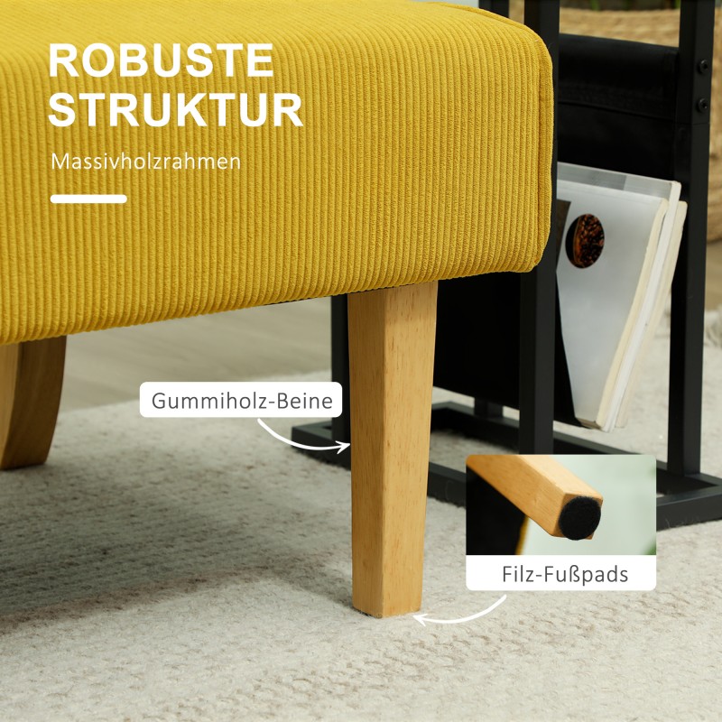 Kaksipaikkainen sohva ilman käsinojia olohuoneeseen, cord-kangas, 110 cm, keltainen