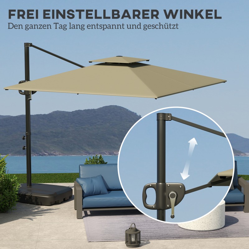 Sivuvarjo aurinkovarjo ulkokäyttöön 247 x 247 cm, kallistettava, kaksoiskatos, jalusta ja painojalusta, vaaleanharmaa