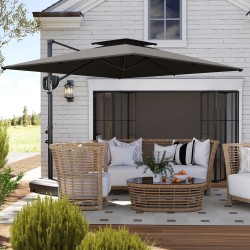 Sivuvarjo terassille 247 x 247 cm, kallistettava, kaksikatto, jalusta ja painojalka, tummanharmaa