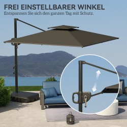 Sivuvarjo terassille 247 x 247 cm, kallistettava, kaksikatto, jalusta ja painojalka, tummanharmaa