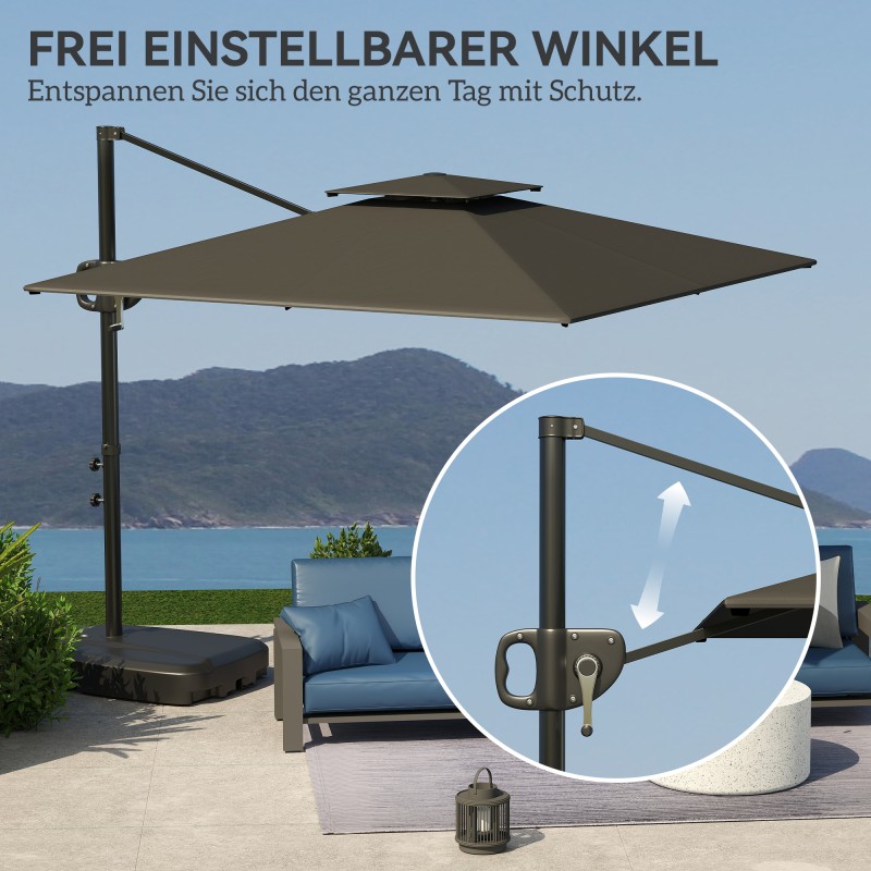 Sivuvarjo terassille 247 x 247 cm, kallistettava, kaksikatto, jalusta ja painojalka, tummanharmaa