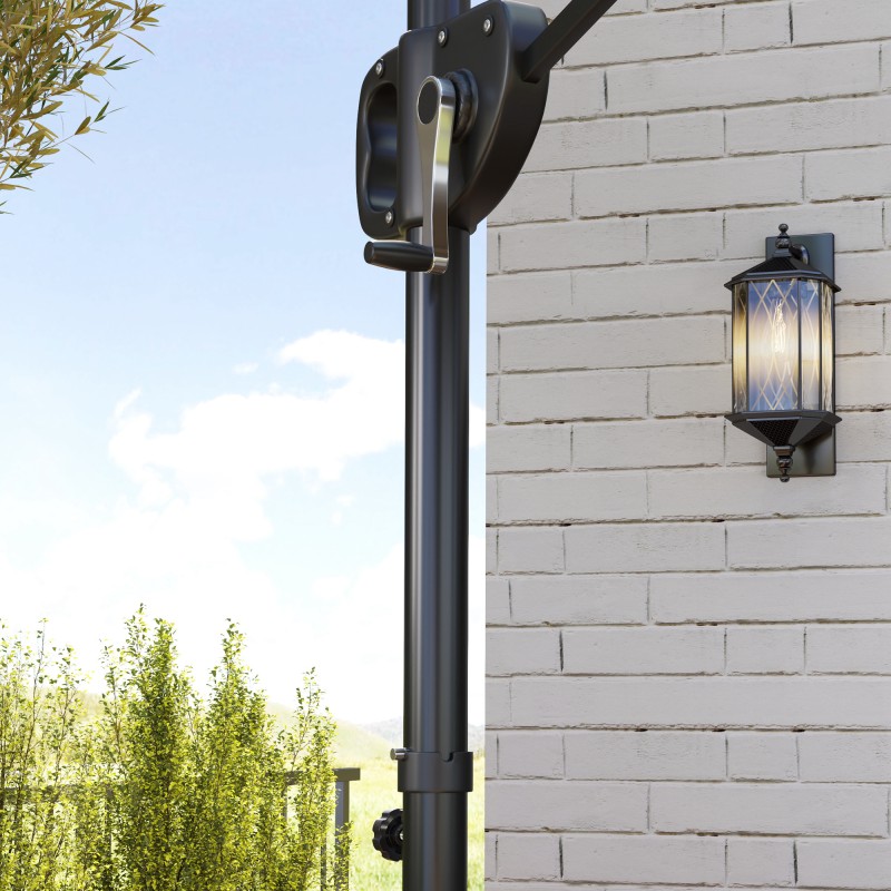 Sivuvarjo terassille 247 x 247 cm, kallistettava, kaksikatto, jalusta ja painojalka, tummanharmaa