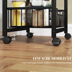 Keittiövaunu 3-tasoinen teräskoreilla ja pyörillä, MDF-taso, vaaleanharmaa/musta, 49,5x31x69 cm