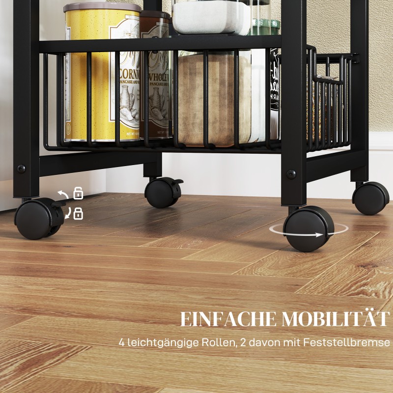 Keittiövaunu 3-tasoinen teräskoreilla ja pyörillä, MDF-taso, vaaleanharmaa/musta, 49,5x31x69 cm