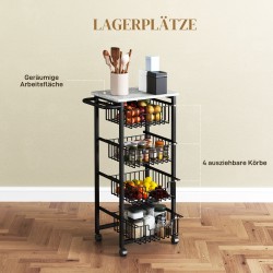 Keittiövaunu pyörillä, 4-tasoinen teräsrunkoinen tarjoiluvaunu 49,5 x 31 x 91 cm, vaaleanharmaa/musta