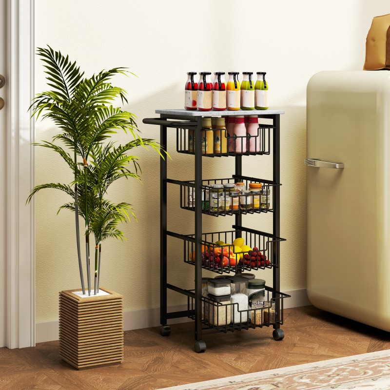 Keittiövaunu pyörillä, 4-tasoinen teräsrunkoinen tarjoiluvaunu 49,5 x 31 x 91 cm, vaaleanharmaa/musta