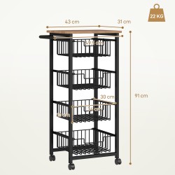 Keittiövaunu pyörillä, 4-tasoinen rullavaunu teräskoreilla, teräs ja MDF, eikin sävyinen/musta