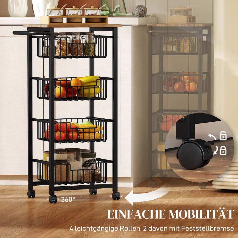 Keittiövaunu pyörillä, 4-tasoinen rullavaunu teräskoreilla, teräs ja MDF, eikin sävyinen/musta