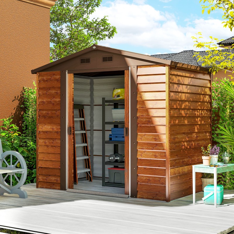 Pihavarasto teräksestä puukuosilla, ikkuna, 152 x 235,7 x 208,7 cm, ruskea