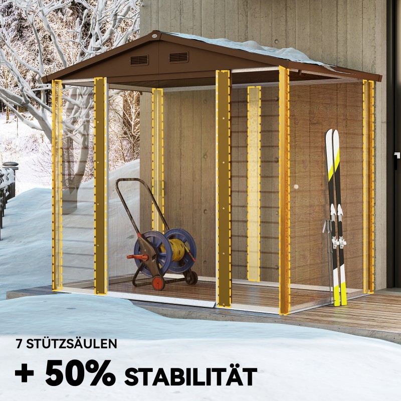 Pihavarasto teräksestä puukuosilla, ikkuna, 152 x 235,7 x 208,7 cm, ruskea