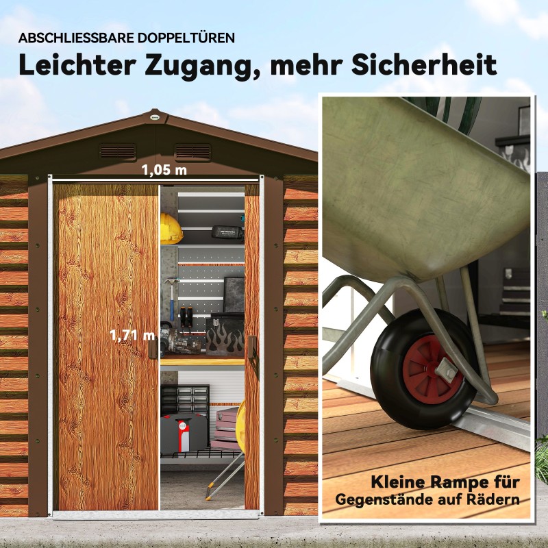 Pihavarasto teräksestä puukuosilla, ikkuna, 152 x 235,7 x 208,7 cm, ruskea