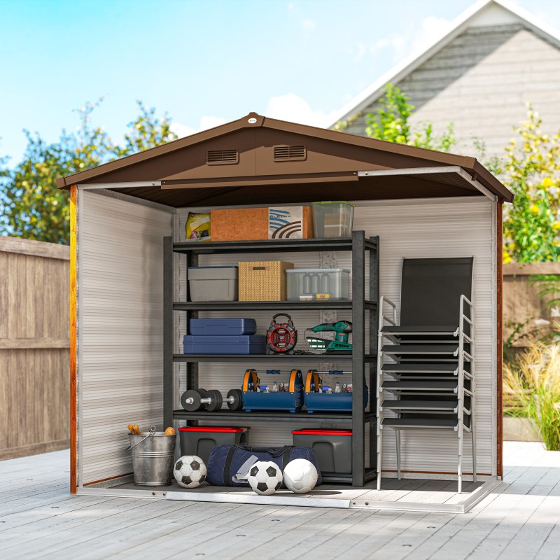 Pihavarasto teräksestä puukuosilla, ikkuna, 152 x 235,7 x 208,7 cm, ruskea