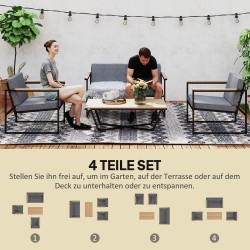 Puutarhakalustesetti 4 hengelle, metalli ja puu–muovikomposiitti, 2 sohvaa, pöytä ja tyynyt, harmaa