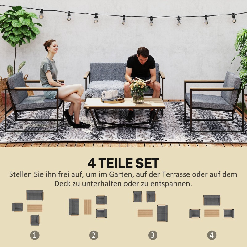 Puutarhakalustesetti 4 hengelle, metalli ja puu–muovikomposiitti, 2 sohvaa, pöytä ja tyynyt, harmaa