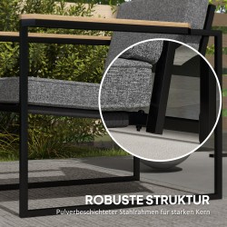 Puutarhakalustesetti 4 hengelle, metalli ja puu–muovikomposiitti, 2 sohvaa, pöytä ja tyynyt, harmaa