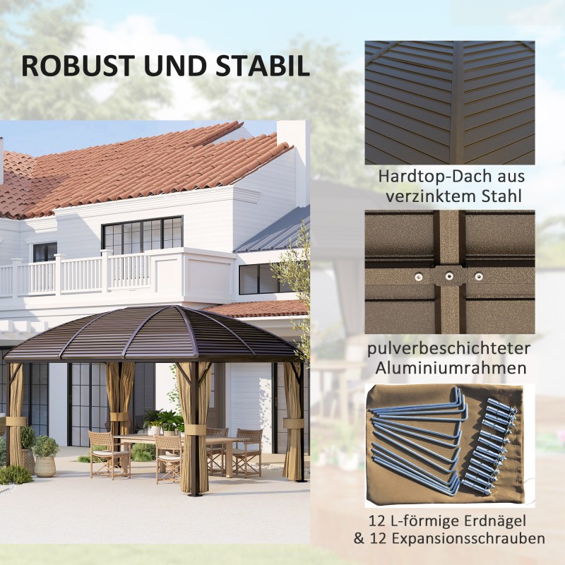 Puutarhakatos kovakattoinen alumiini-teräs 4 x 3 m sivuseinillä ja hyttysverkolla ruskea