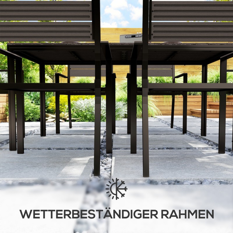 Ulkoruokailuryhmä 7-osainen teräs ja HDPE, pöytä 160x80 cm + 6 pinottavaa tuolia, tummanruskea