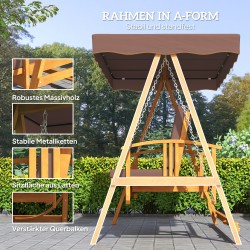 Puutarhakeinu 3 hengelle aurinkokatoksella ja makuuasennolla, massiivipuu, ruskea