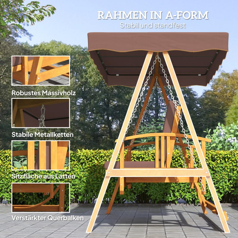 Puutarhakeinu 3 hengelle aurinkokatoksella ja makuuasennolla, massiivipuu, ruskea