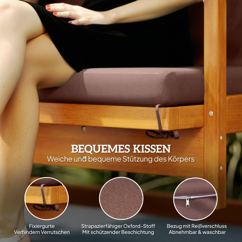 Puutarhakeinu 3 hengelle aurinkokatoksella ja makuuasennolla, massiivipuu, ruskea