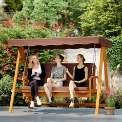 Puutarhakeinu 3 hengelle aurinkokatoksella ja makuuasennolla, massiivipuu, ruskea