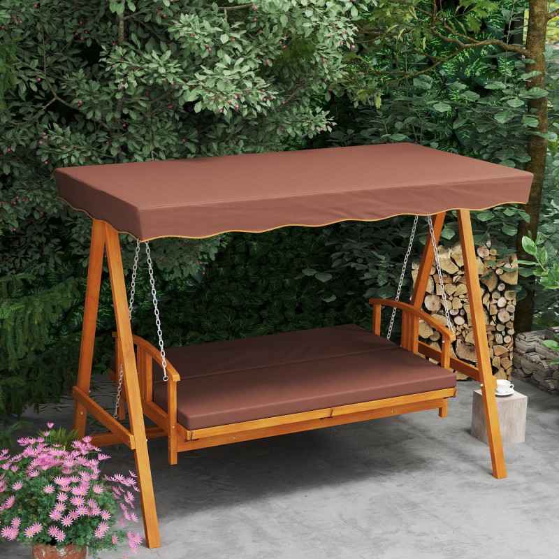 Puutarhakeinu 3 hengelle aurinkokatoksella ja makuuasennolla, massiivipuu, ruskea