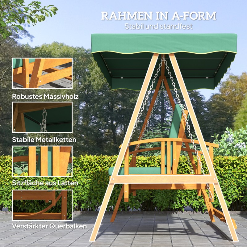 Puutarhakeinu 3 hengelle aurinkokatoksella, puurunko ja makuuasento, tummanvihreä