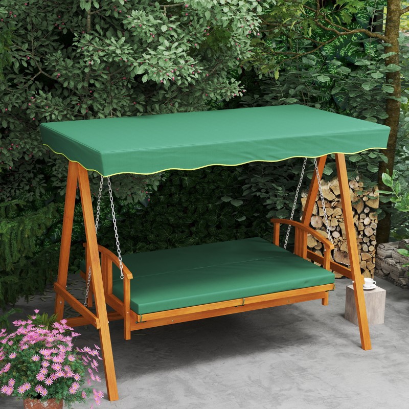 Puutarhakeinu 3 hengelle aurinkokatoksella, puurunko ja makuuasento, tummanvihreä