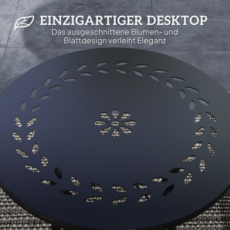 Puutarhapöytä terästä Ø40 x 50 cm, pyöreä kukkakuvioitu terassipöytä, musta